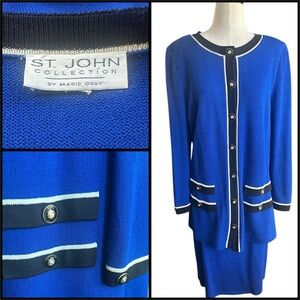 St. John Stunning Blue Black Trim Two-Piece Knit Jacket & Skirt Set Size 12